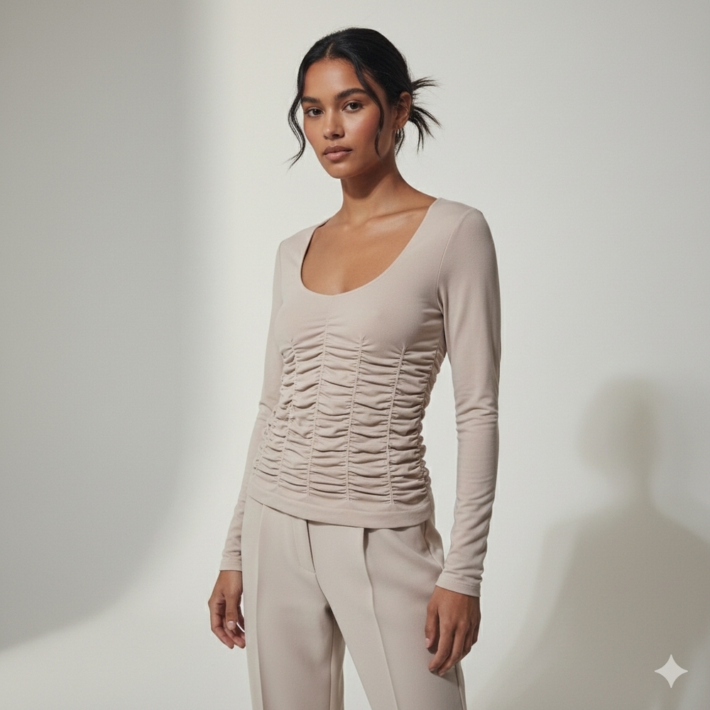 Last Tango Ruched Long Sleeve Scoop Neck Top Sand M/L